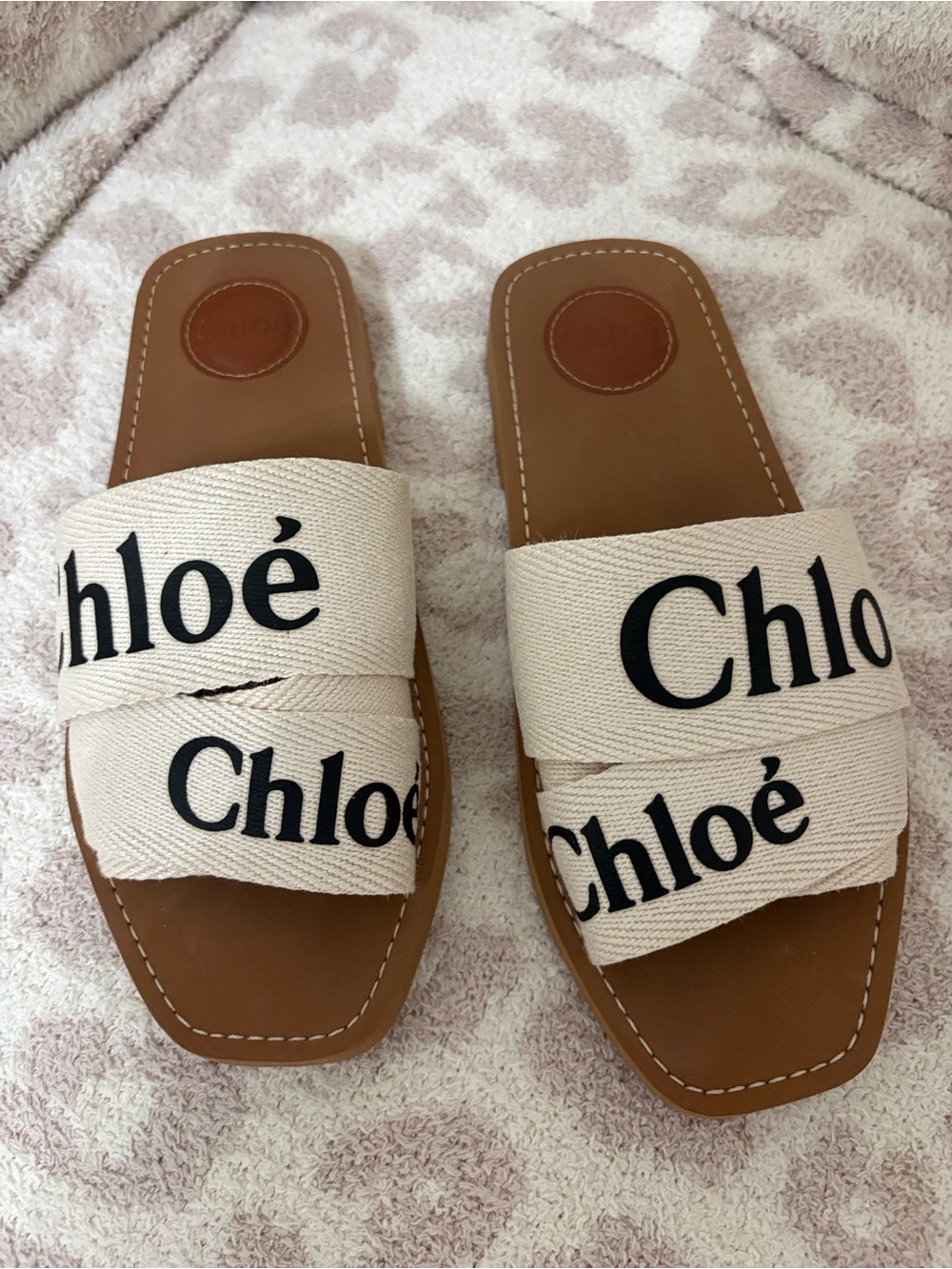Authentic Chloé Beige Canvas Logo Slide Sandals